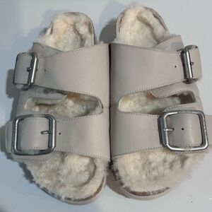 J/SLIDES NYC Shearling Lined Leather Slide Sandals Winter Cozy Buckle 8